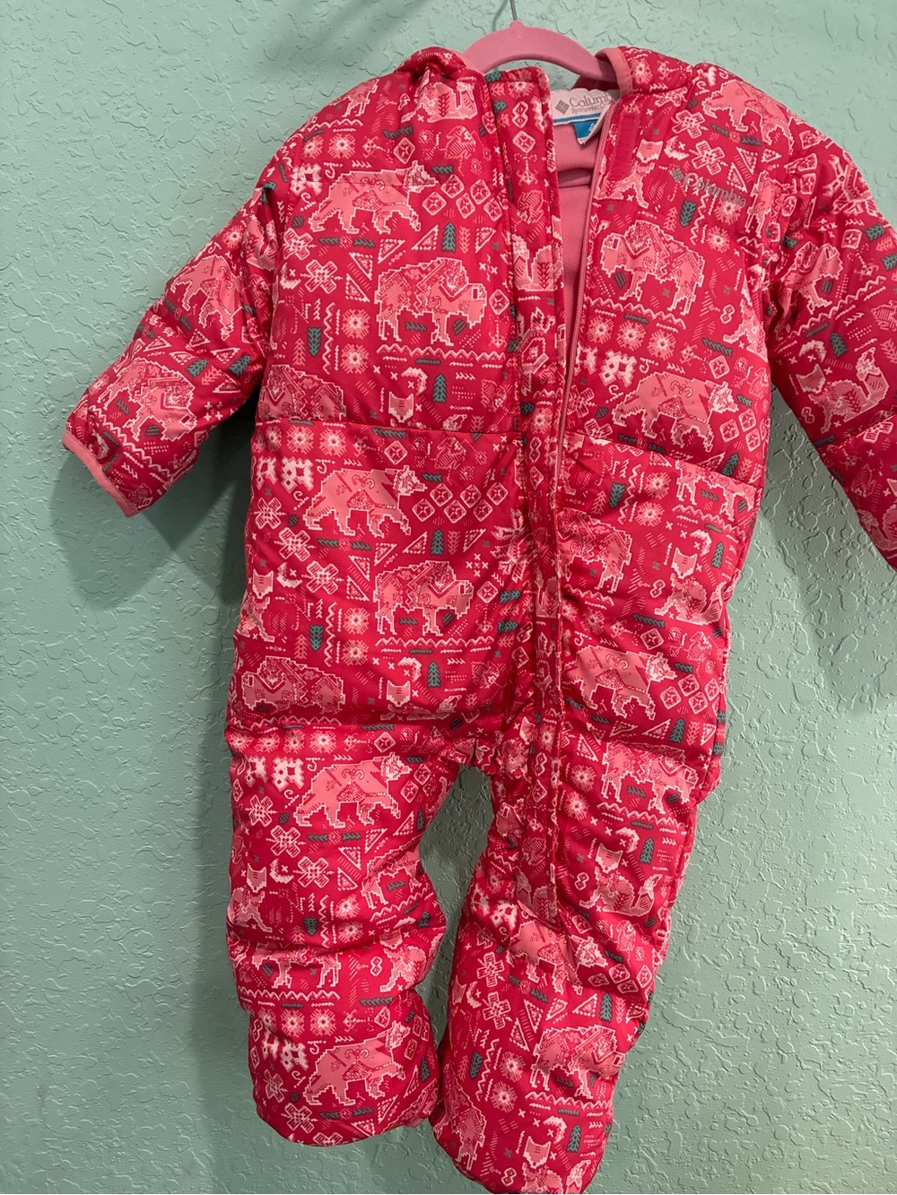 Columbia pink Puffer Snow Suit 18-24 baby girl ski winter down bunting hood